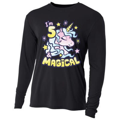 Unicorn Birthday Gift For 5 Year Old I Am 5 And Magical Cooling Performance Long Sleeve Crew