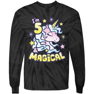 Unicorn Birthday Gift For 5 Year Old I Am 5 And Magical Tie-Dye Long Sleeve Shirt