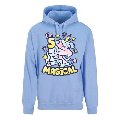 Unicorn Birthday Gift For 5 Year Old I Am 5 And Magical Unisex Surf Hoodie