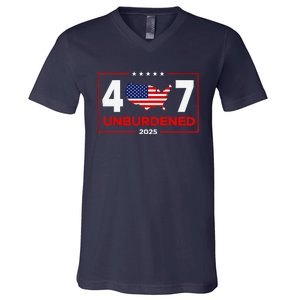 Unburdened By What Has Been Trump Flag 2024 2025 V-Neck T-Shirt