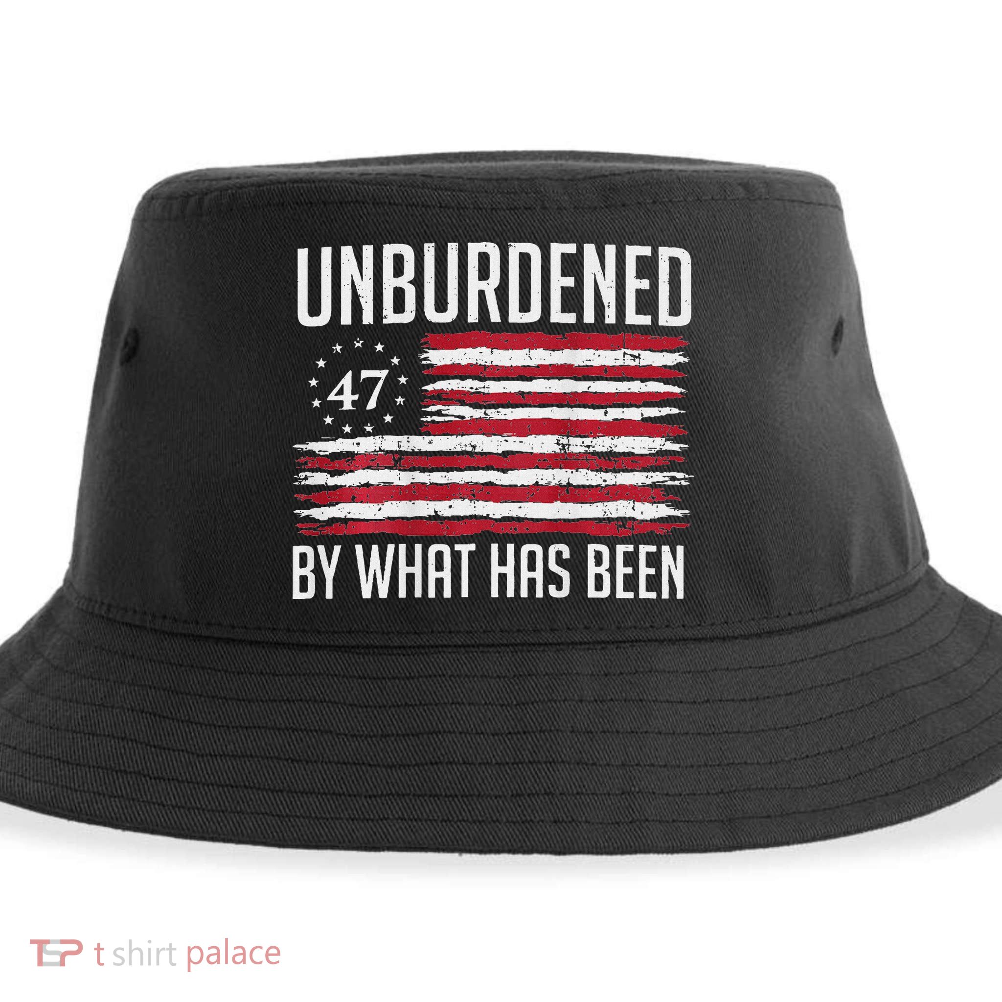Unburdened By What Has Been Trump 47 Retro Us Flag Sustainable Bucket Hat