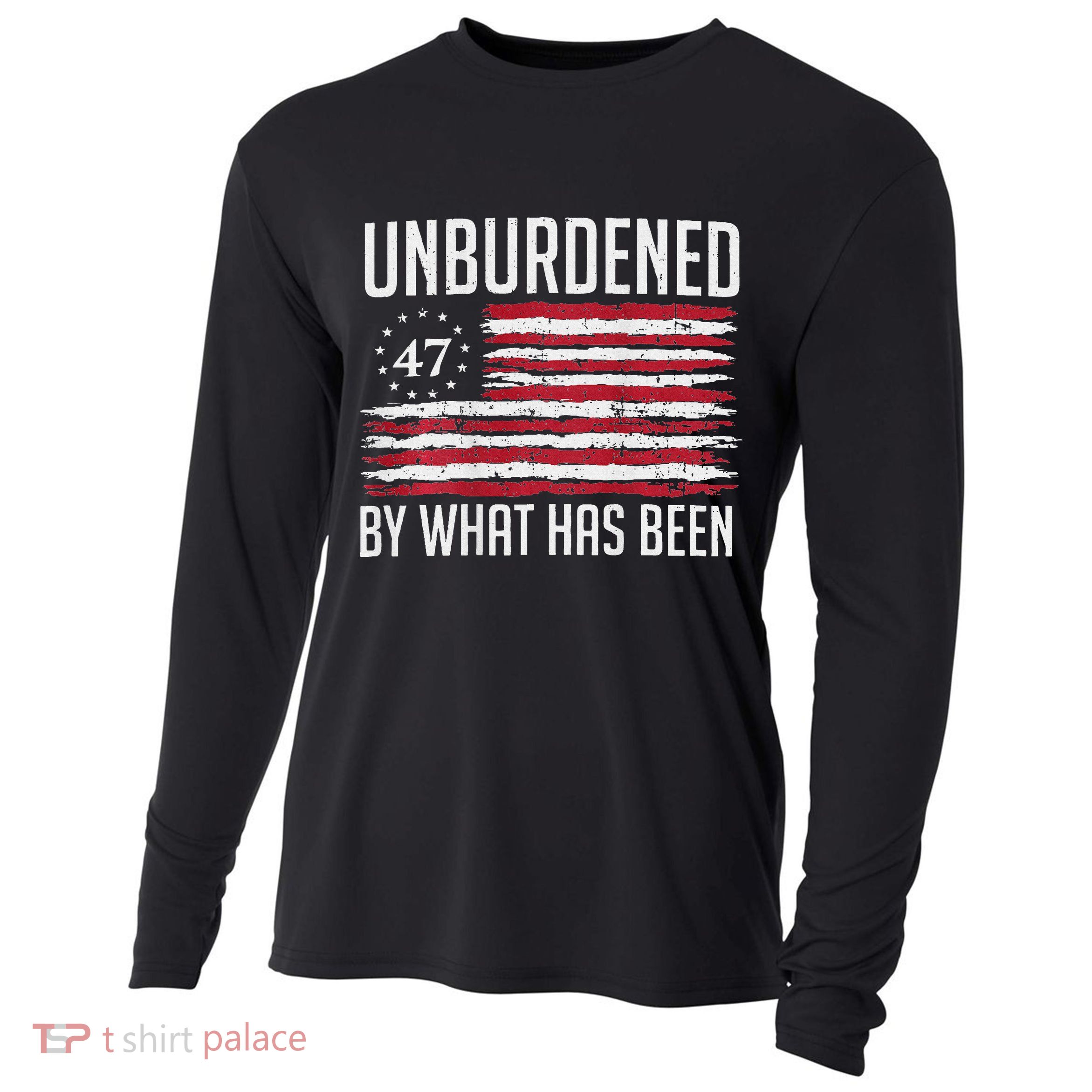 Unburdened By What Has Been Trump 47 Retro Us Flag Cooling Performance Long Sleeve Crew
