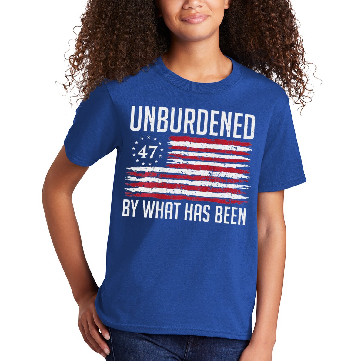 Unburdened By What Has Been Trump 47 Retro Us Flag Kids T-Shirt