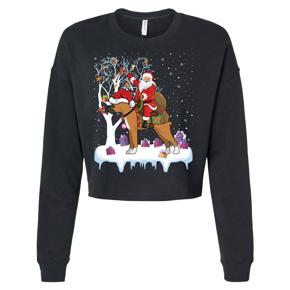 Ugly Boxer Xmas Gift Funny Santa Riding Boxer Dog Christmas Gift Cropped Pullover Crew