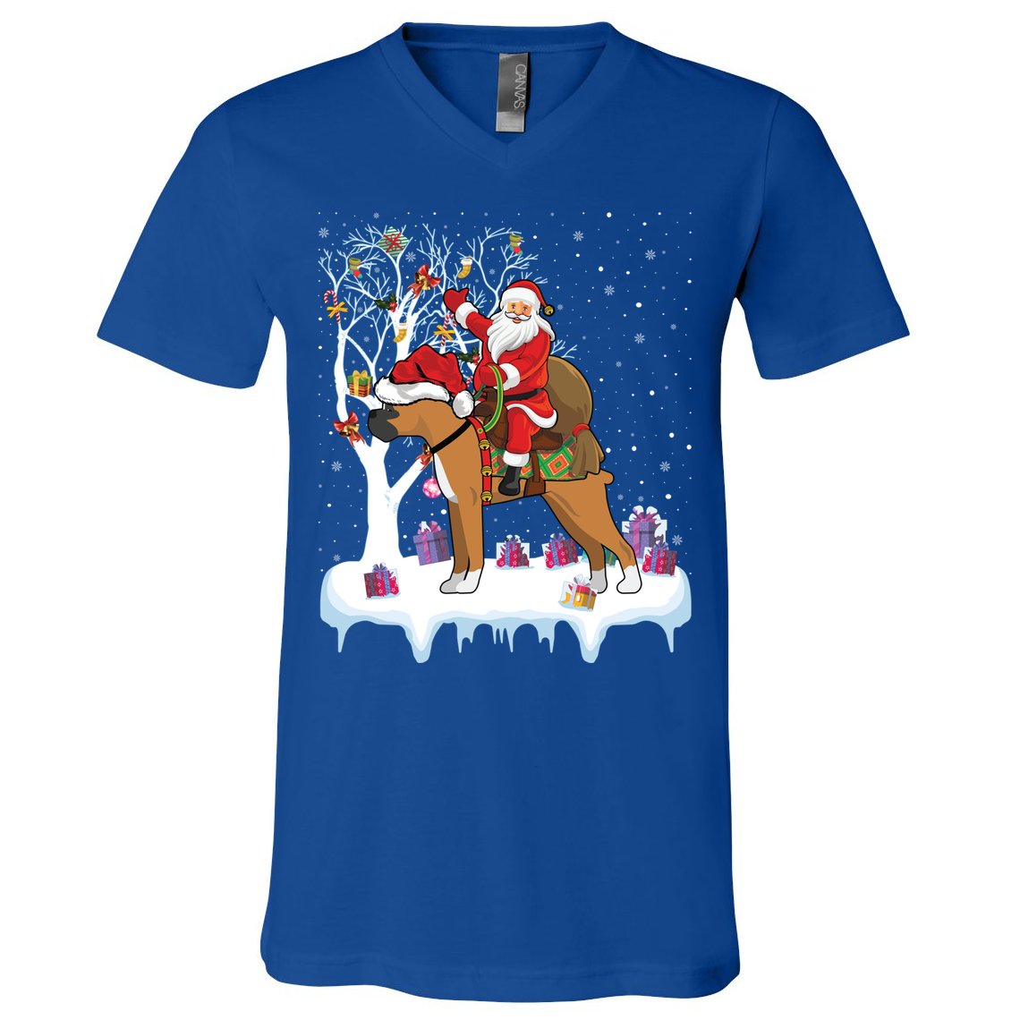Ugly Boxer Xmas Gift Funny Santa Riding Boxer Dog Christmas Gift V-Neck T-Shirt