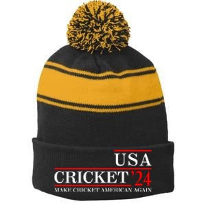 Usa Cricket 24 Make Cricket American Again Funny Cricket Player Cricket Usa Team Stripe Pom Pom Beanie