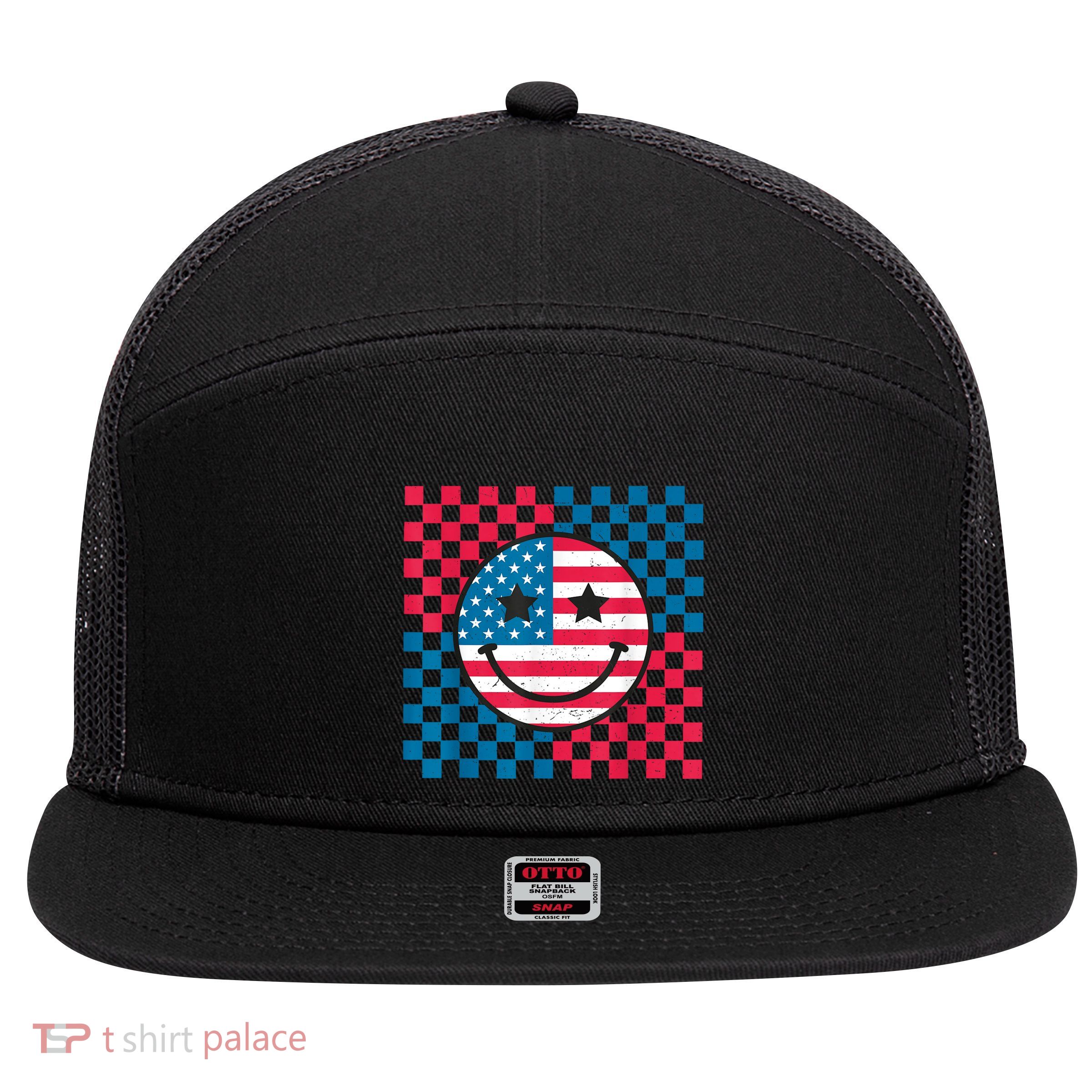 Usa Checkerboard 4th Of July Happy Face American 7 Panel Mesh Trucker Snapback Hat