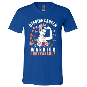 Uterine Cancer Awareness Warrior Unbreakable Strong Pe Gift V-Neck T-Shirt