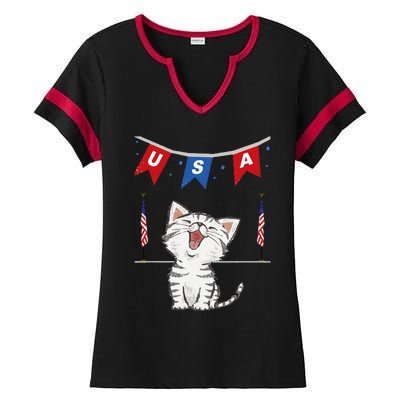 USA Cat American Flag Ladies Halftime Notch Neck Tee