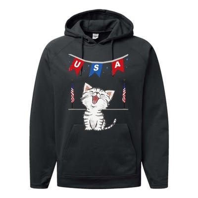 USA Cat American Flag Performance Fleece Hoodie