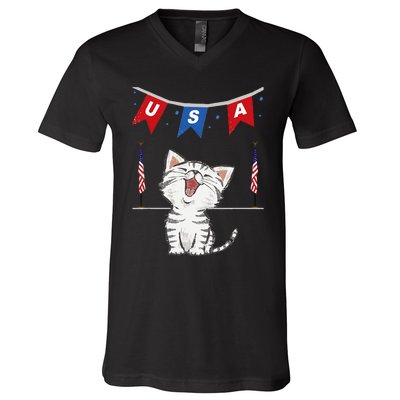 USA Cat American Flag V-Neck T-Shirt