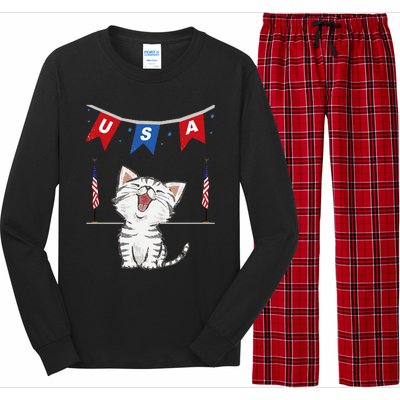 USA Cat American Flag Long Sleeve Pajama Set