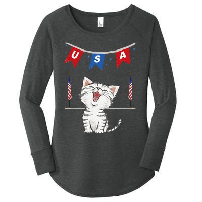 USA Cat American Flag Women's Perfect Tri Tunic Long Sleeve Shirt