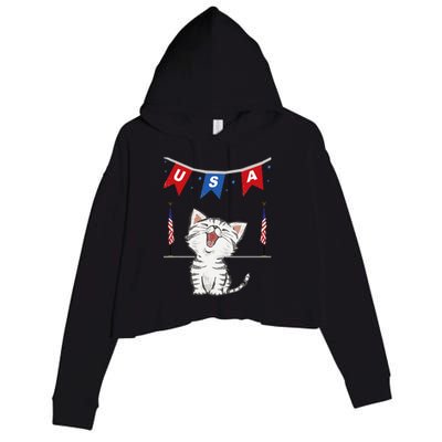 USA Cat American Flag Crop Fleece Hoodie