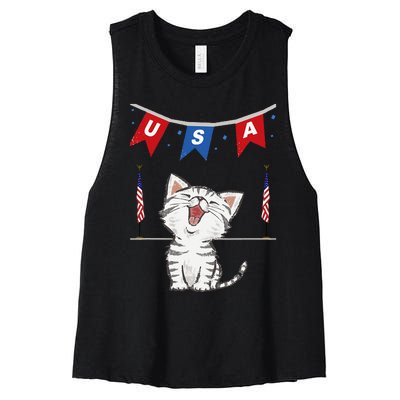 USA Cat American Flag Women's Racerback Cropped Tank