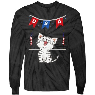 USA Cat American Flag Tie-Dye Long Sleeve Shirt