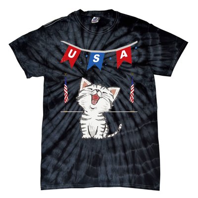 USA Cat American Flag Tie-Dye T-Shirt