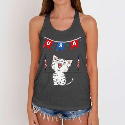 USA Cat American Flag Women's Knotted Racerback Tank