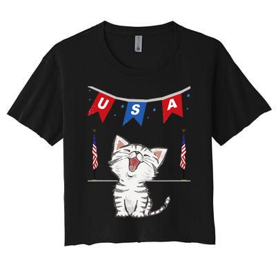 USA Cat American Flag Women's Crop Top Tee