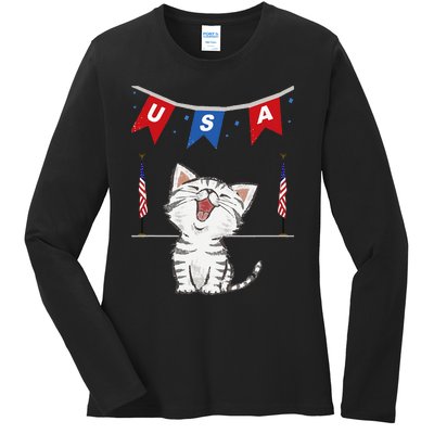 USA Cat American Flag Ladies Long Sleeve Shirt