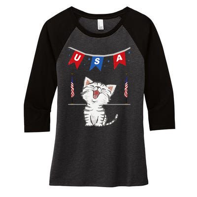 USA Cat American Flag Women's Tri-Blend 3/4-Sleeve Raglan Shirt