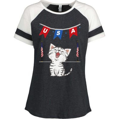 USA Cat American Flag Enza Ladies Jersey Colorblock Tee