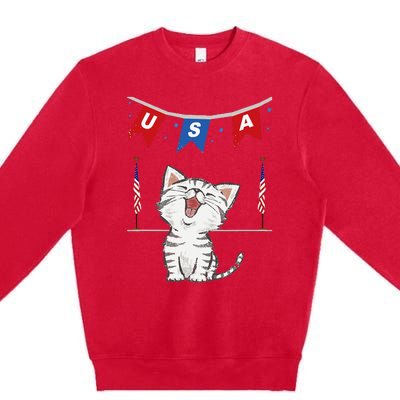 USA Cat American Flag Premium Crewneck Sweatshirt