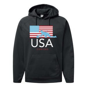 Usa Curling American Flag Winter Sports Games Performance Fleece Hoodie