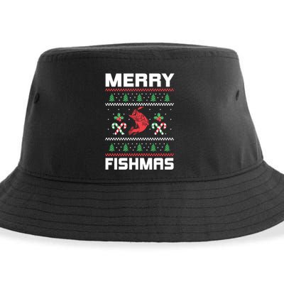 Ugly Christmas Angler Merry Fishmas Bass Fishing Lover Sustainable Bucket Hat