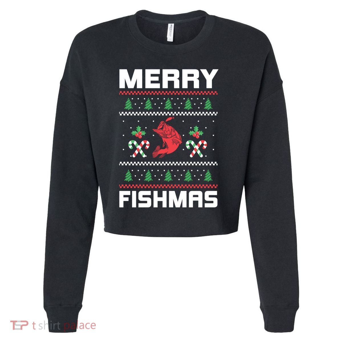 Ugly Christmas Angler Merry Fishmas Bass Fishing Lover Cropped Pullover Crew