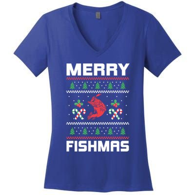 Ugly Christmas Angler Merry Fishmas Bass Fishing Lover Women's V-Neck T-Shirt