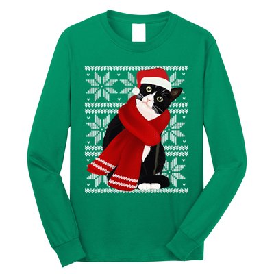 Ugly Christmas Black Cat Santa Hat Scarf Holiday Cute Long Sleeve Shirt