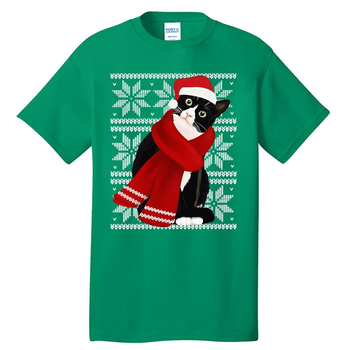 Ugly Christmas Black Cat Santa Hat Scarf Holiday Cute Tall T-Shirt