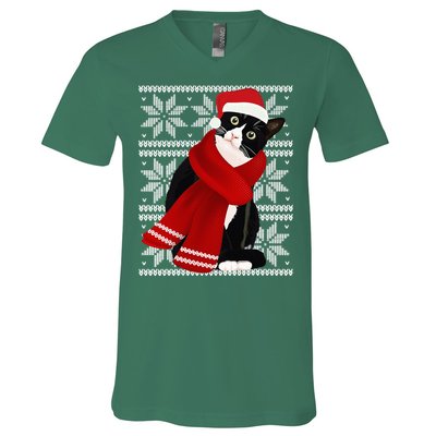 Ugly Christmas Black Cat Santa Hat Scarf Holiday Cute V-Neck T-Shirt