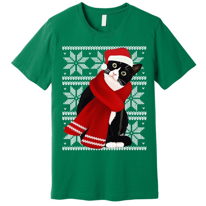 Ugly Christmas Black Cat Santa Hat Scarf Holiday Cute Premium T-Shirt