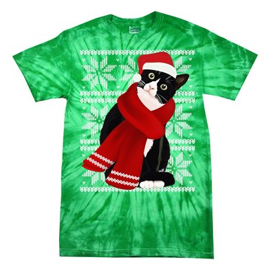 Ugly Christmas Black Cat Santa Hat Scarf Holiday Cute Tie-Dye T-Shirt