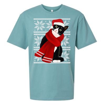 Ugly Christmas Black Cat Santa Hat Scarf Holiday Cute Sueded Cloud Jersey T-Shirt