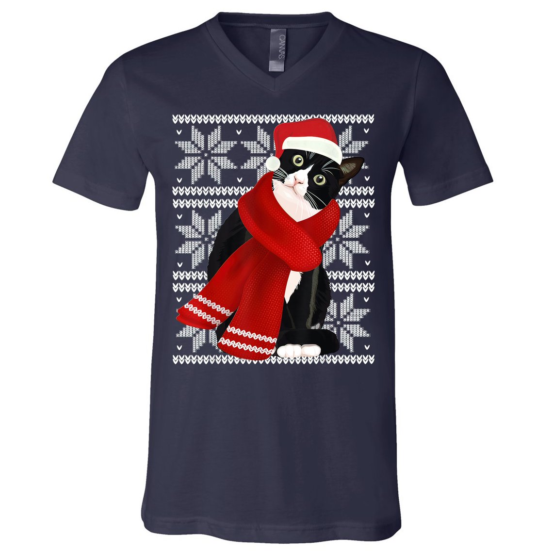 Ugly Christmas Black Cat Santa Hat Scarf Holiday Cute V-Neck T-Shirt