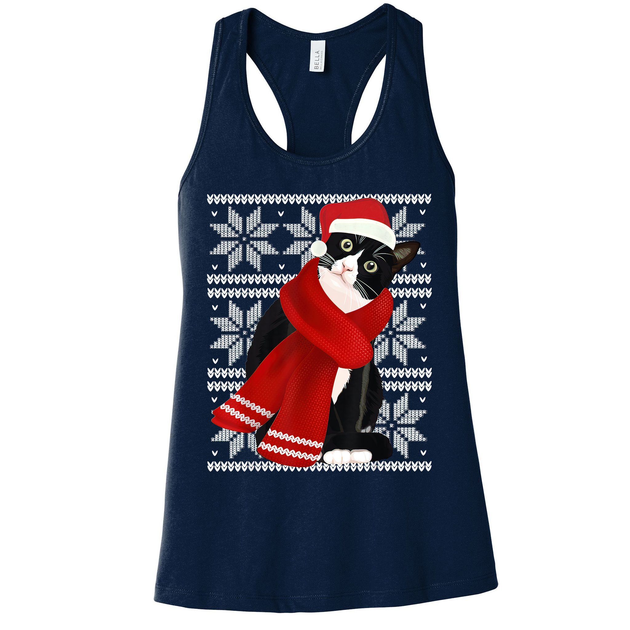 Ugly Christmas Black Cat Santa Hat Scarf Holiday Cute Womens Tank Top
