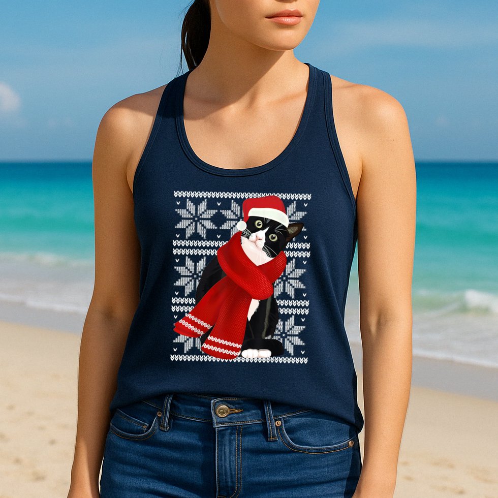 Ugly Christmas Black Cat Santa Hat Scarf Holiday Cute Womens Tank Top