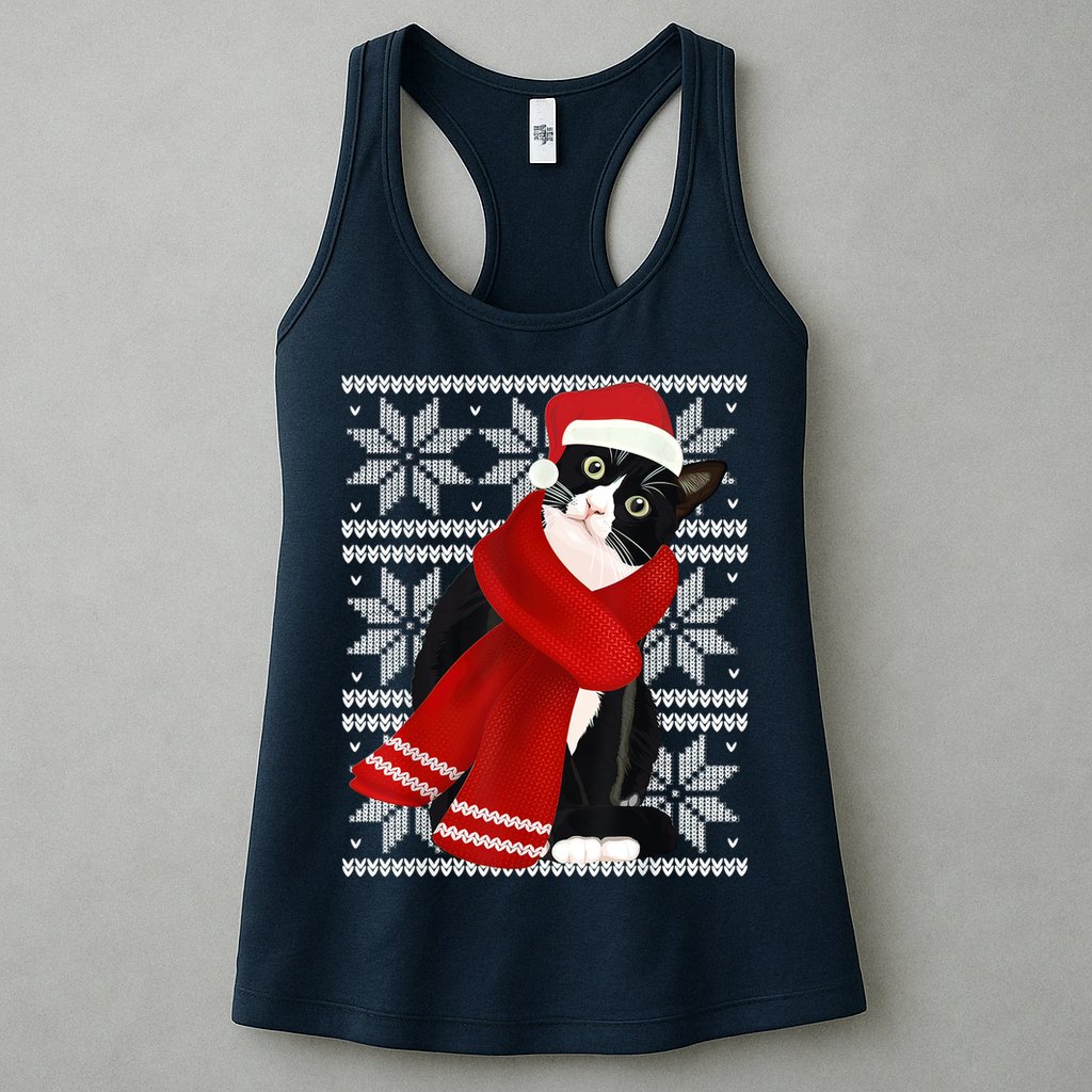Ugly Christmas Black Cat Santa Hat Scarf Holiday Cute Womens Tank Top