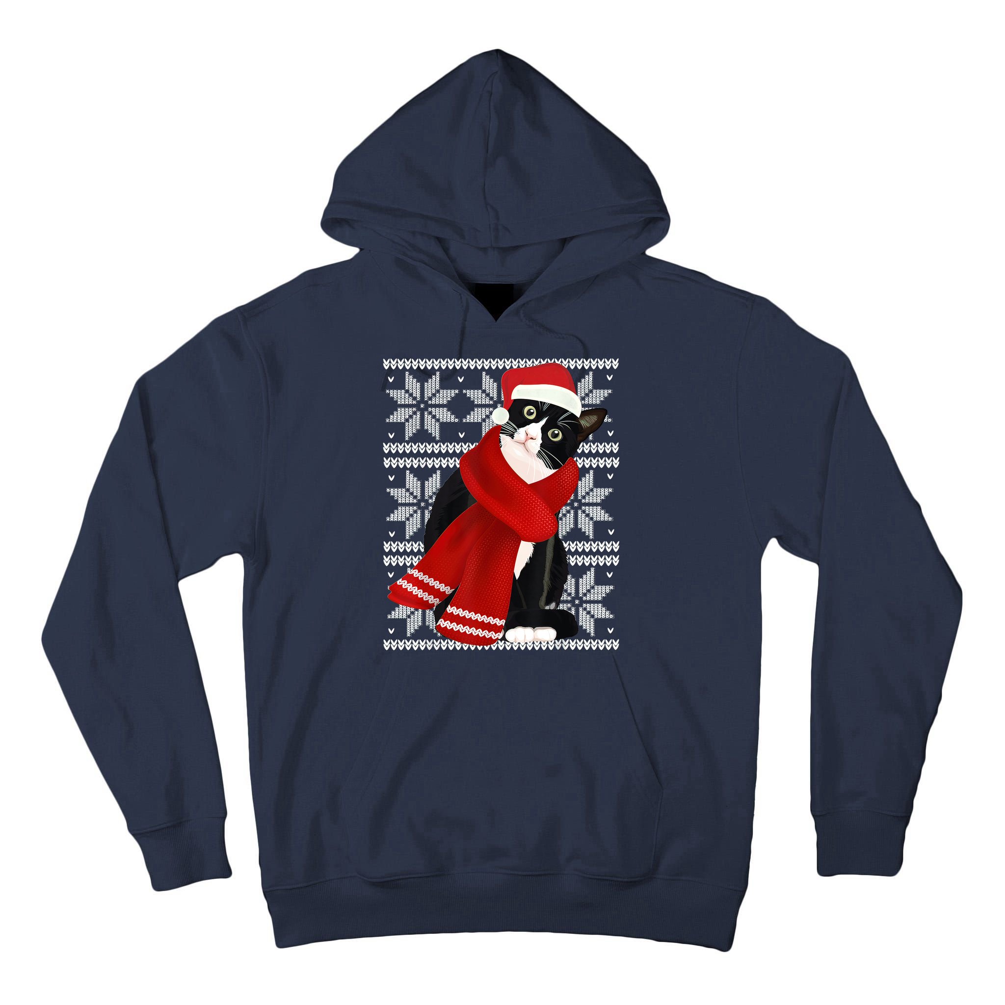 Ugly Christmas Black Cat Santa Hat Scarf Holiday Cute Tall Hoodie