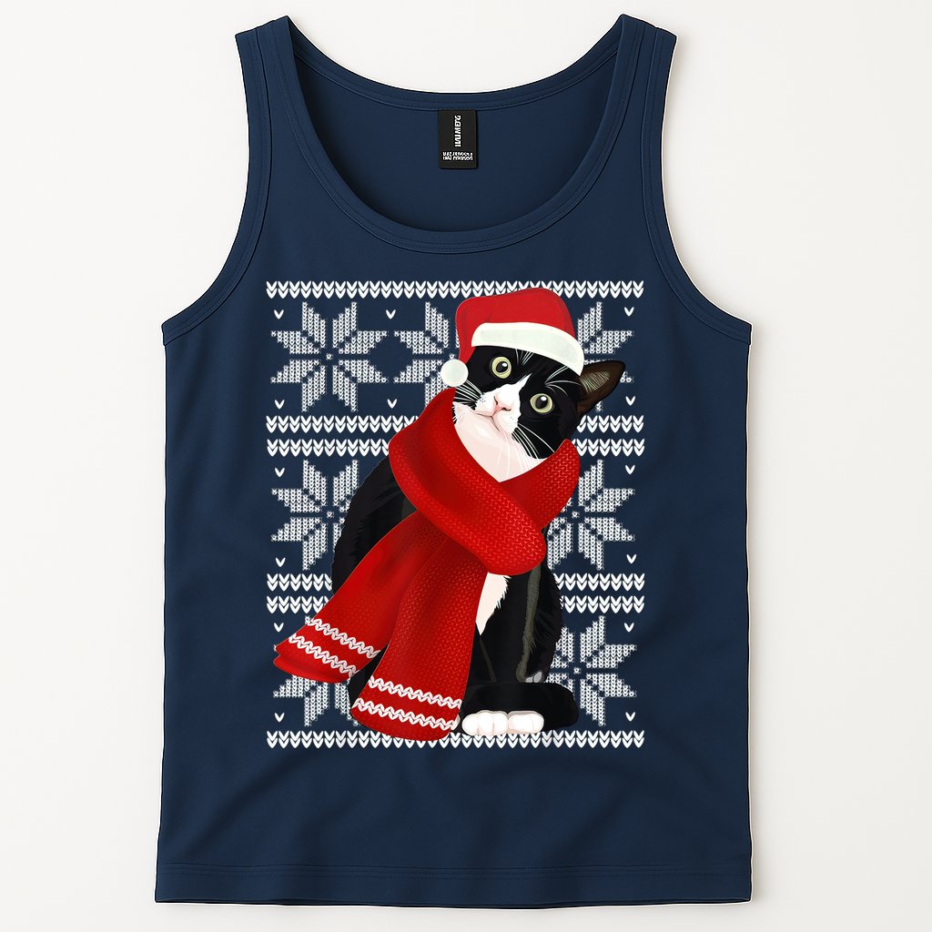 Ugly Christmas Black Cat Santa Hat Scarf Holiday Cute Tank Top