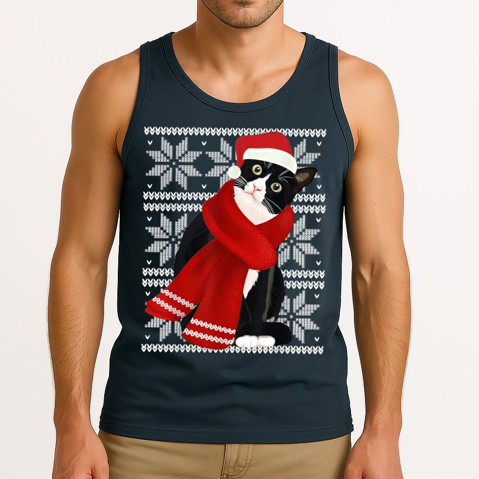Ugly Christmas Black Cat Santa Hat Scarf Holiday Cute Tank Top