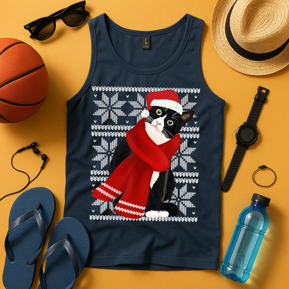 Ugly Christmas Black Cat Santa Hat Scarf Holiday Cute Tank Top