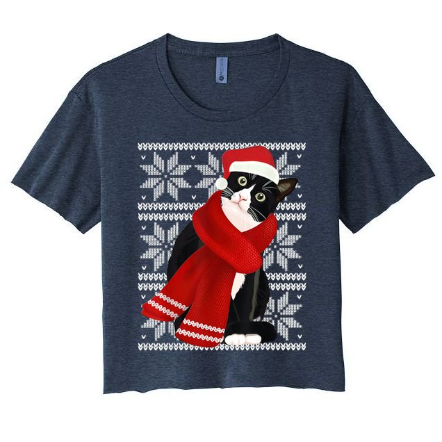 Ugly Christmas Black Cat Santa Hat Scarf Holiday Cute Crop Top