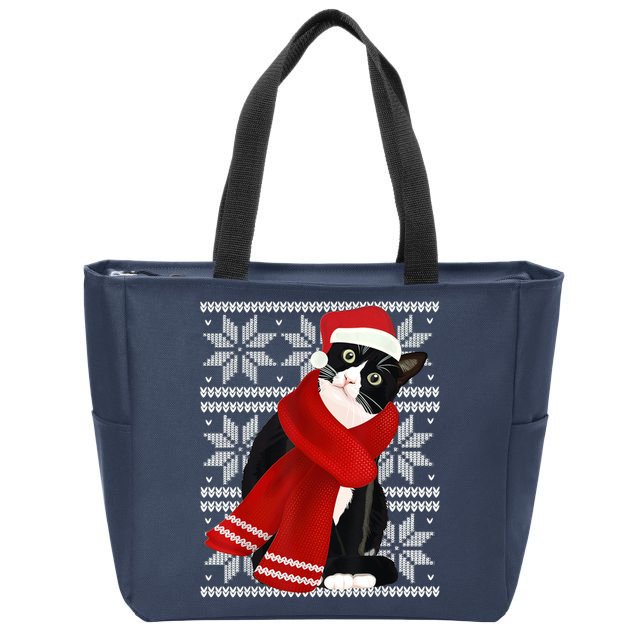 Ugly Christmas Black Cat Santa Hat Scarf Holiday Cute Zip Tote Bag
