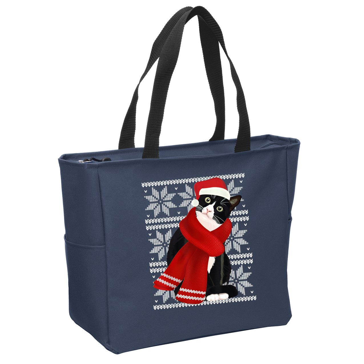 Ugly Christmas Black Cat Santa Hat Scarf Holiday Cute Zip Tote Bag
