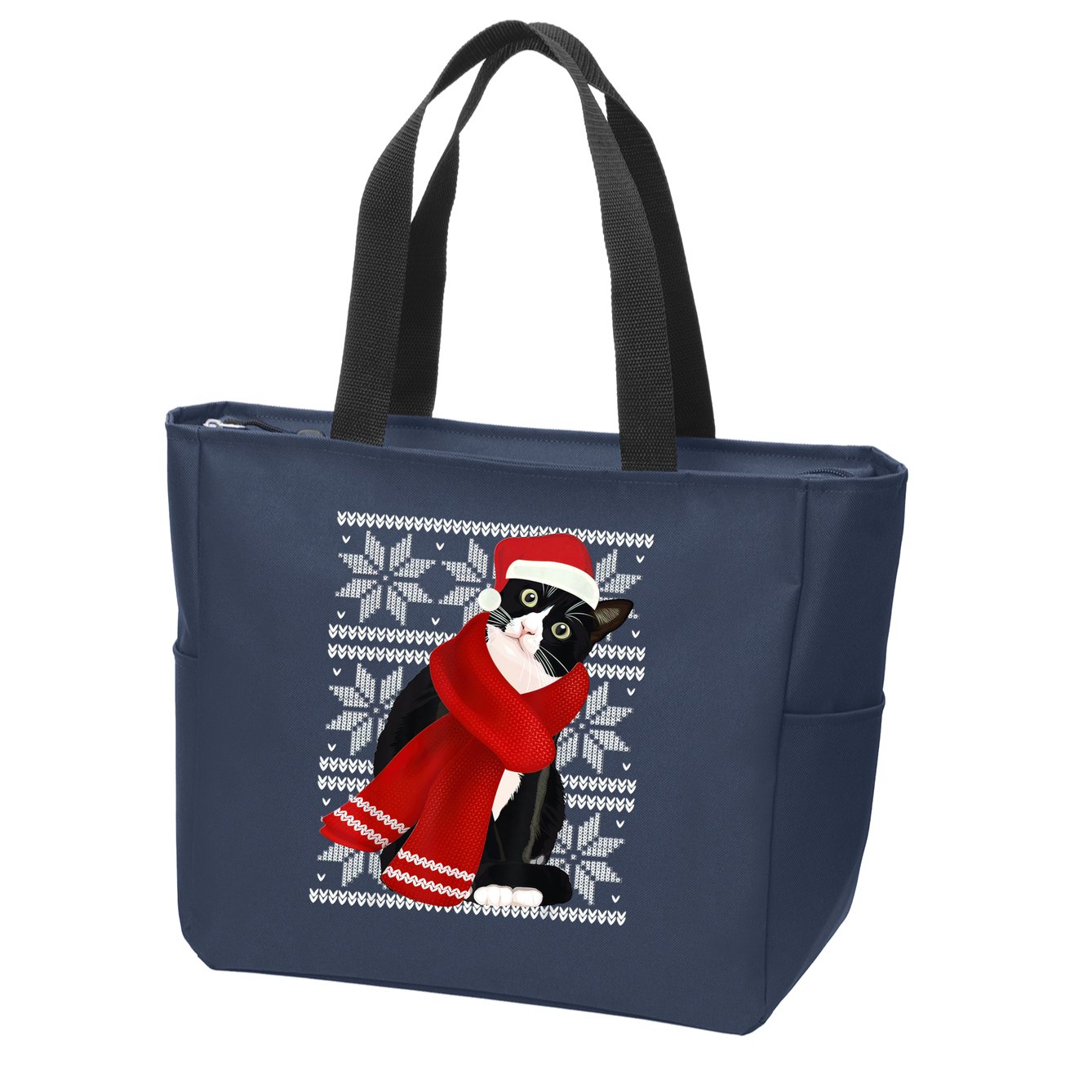 Ugly Christmas Black Cat Santa Hat Scarf Holiday Cute Zip Tote Bag