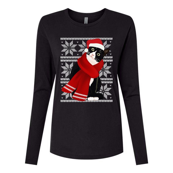 Ugly Christmas Black Cat Santa Hat Scarf Holiday Cute Womens Cotton Relaxed Long Sleeve T-Shirt